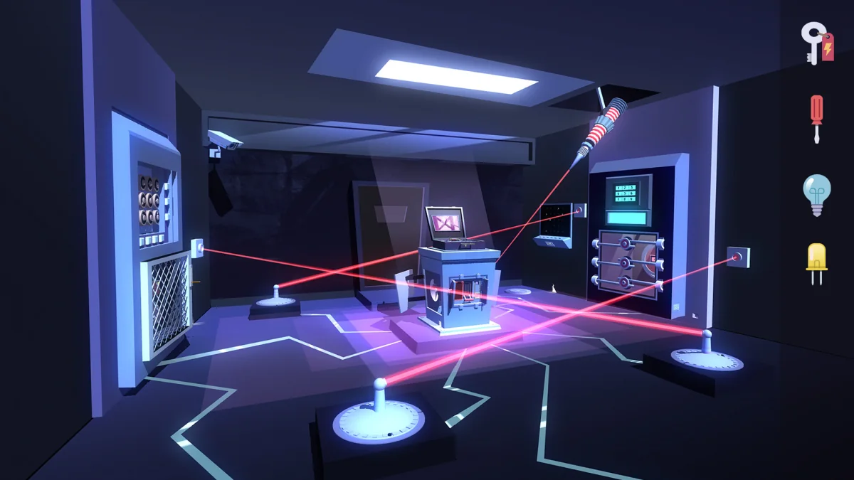 Schermata di Agent A: A Puzzle in Disguise: un caveau in forme piatte attraversato da raggi laser rossi, con la cassaforte a destra, la teca al centro e gli oggetti raccolti nella colonna dell'inventario.