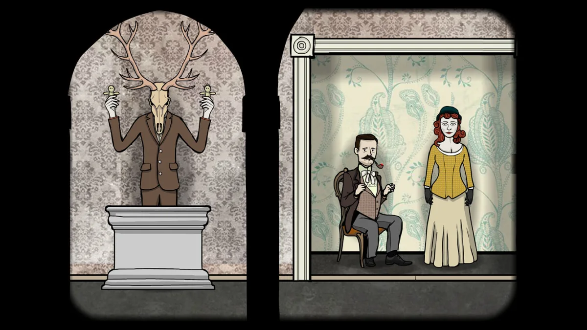 Schermata di Rusty Lake: Roots: due stanze affiancate della casa dei Vanderboom, a sinistra una figura con il teschio di cervo su un piedistallo, a destra un uomo con la pipa e una donna in abiti d'epoca.